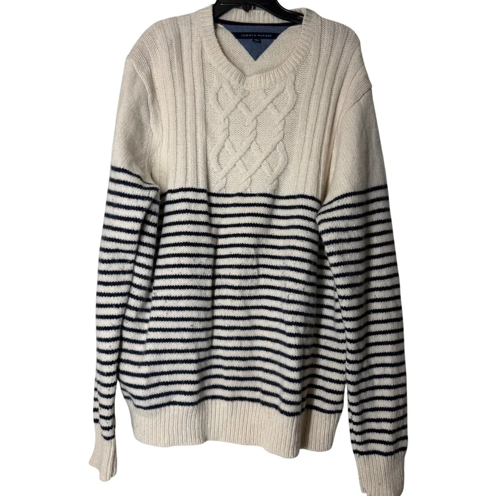 Tommy Hilfiger Mens XXL Lambs Wool Cream Navy Stripe Cable Knit Sweater Crewneck